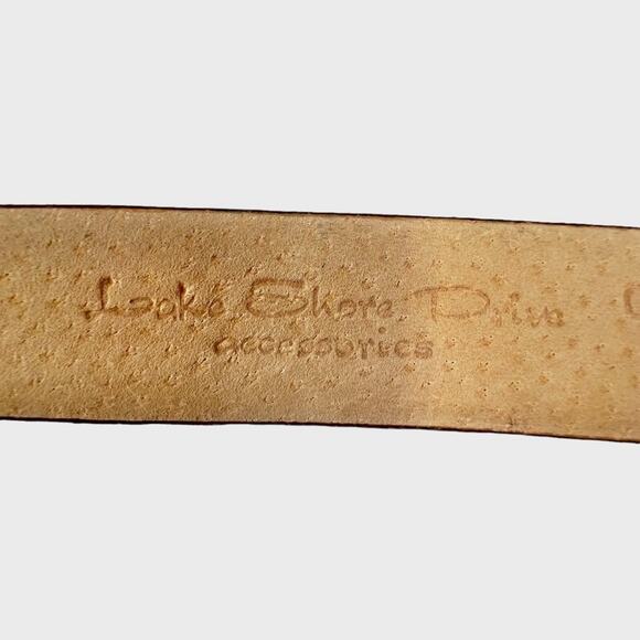 Lake Shore Drive Leather Belt Size M Silvertone Ornate Buckle Hinge Inserts Boho - Picture 14 of 14
